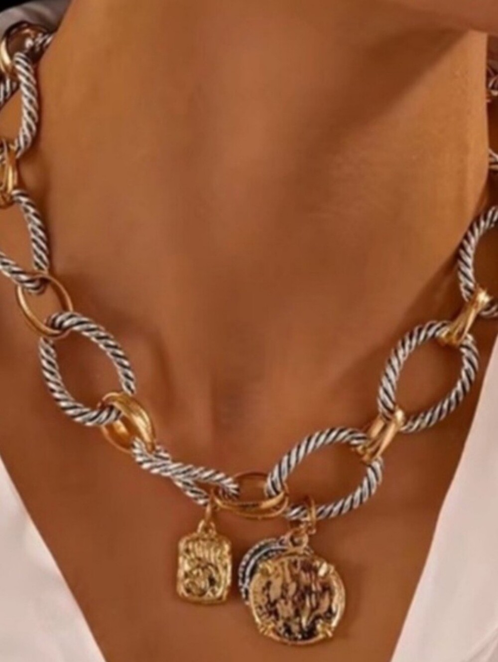 Silver & Gold-Tone Coin Charm Collar Necklace - Women Jewelry